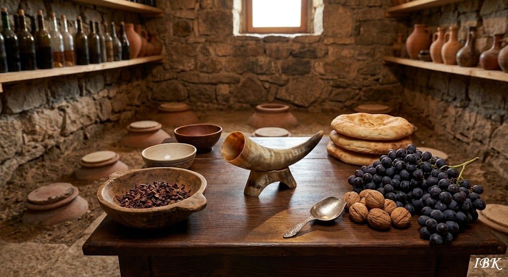Weinkeller in Georgien mit traditionellen Elementen wie einem Weintrinkhorn, Weintrauben, Walnüssen, Fladenbrot und Tongefäßen