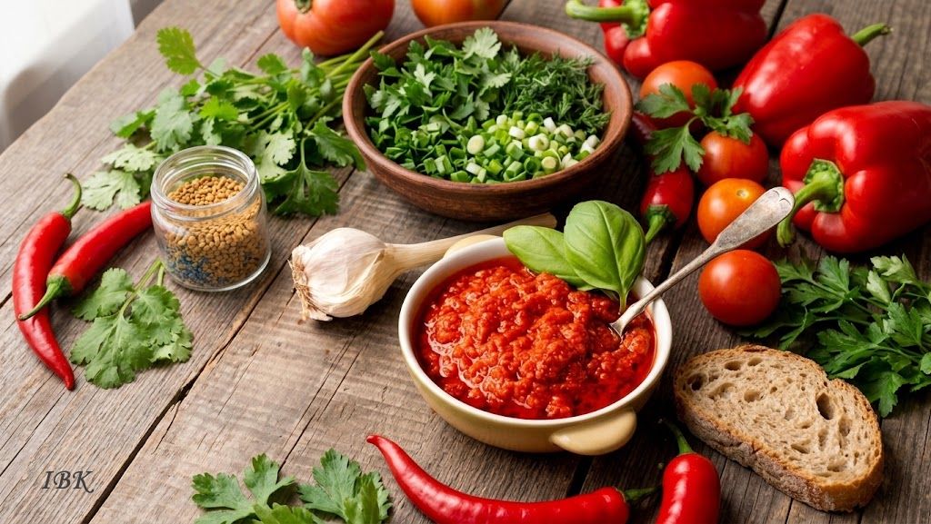 Hausgemachte Adschika mit Knoblauch, rotem Chili und frischer Petersilie