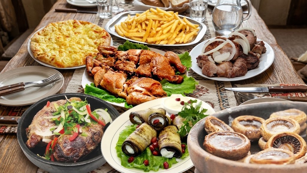 Reich gedeckter Holztisch mit verschiedenen georgischen Speisen, darunter Chatschapuri, gebratene Hähnchenteile, Mzwadi, Pilze aus dem Ofen und gefüllte Auberginenröllchen