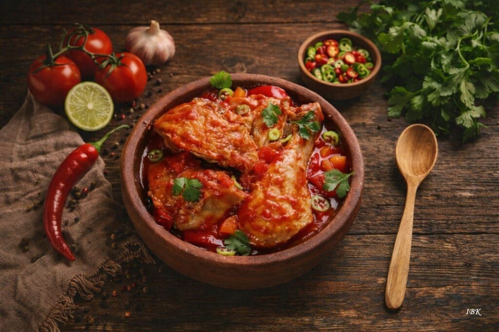 Tschachochbili: Hähnchengericht in roter Tomatensauce, garniert mit grünen Kräutern und Chili, serviert in einer Ton‑Schale