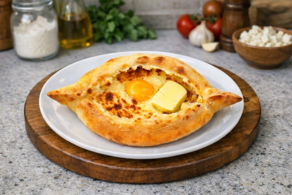Adjarisches Chatschapuri auf runder Holzplatte, goldbraun gebacken mit geschmolzenem Käse, rohem Eigelb und Butterstück