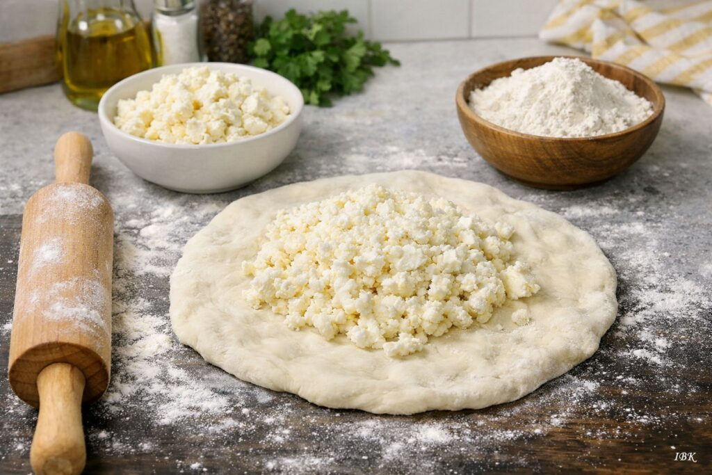 Chatschapuri‑Zubereitung in heller moderner Küche: Teig mit Käsefüllung auf bemehlter Arbeitsfläche, daneben Schalen mit Käse und Mehl, Holzrolle und frische Kräuter im Hintergrund