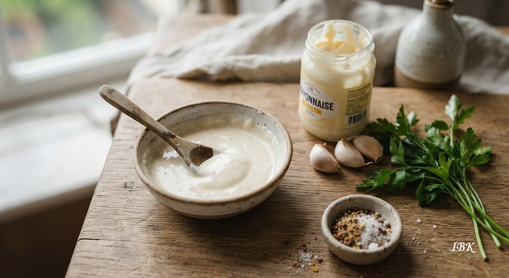 Georgische Mayonnaise‑Sauce mit swanischem Salz in einer Keramikschale, umgeben von Knoblauch, Kräutern und Gewürzen