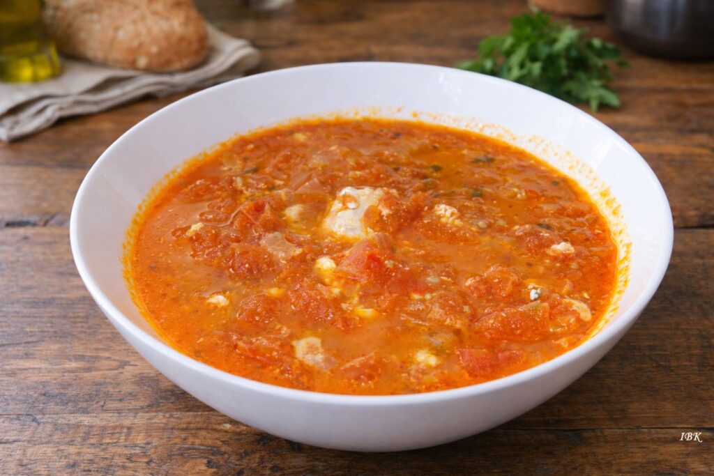 Georgische Tomatensuppe mit Ei in weißer Schale auf rustikalem Holztisch, daneben Brotlaib