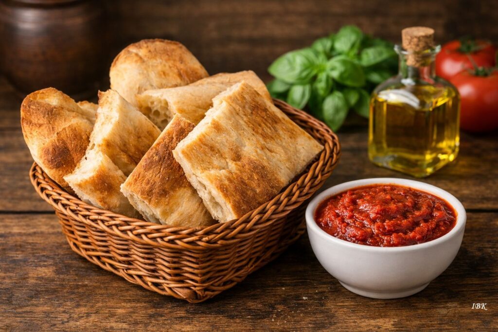 Schotis Puri, traditionelles georgisches Brot; daneben weiße Schale mit Tomatenpaste, frisches Basilikum, reife Tomaten und Flasche Olivenöl im Hintergrund.