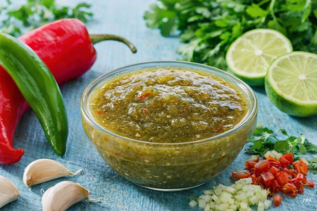Saucen in der georgischen Küche: Georgische grüne Tkemali‑Sauce in einer Glasschale auf blauem Holz, umgeben von frischen Zutaten wie Chili, Knoblauch, Limette und Koriander